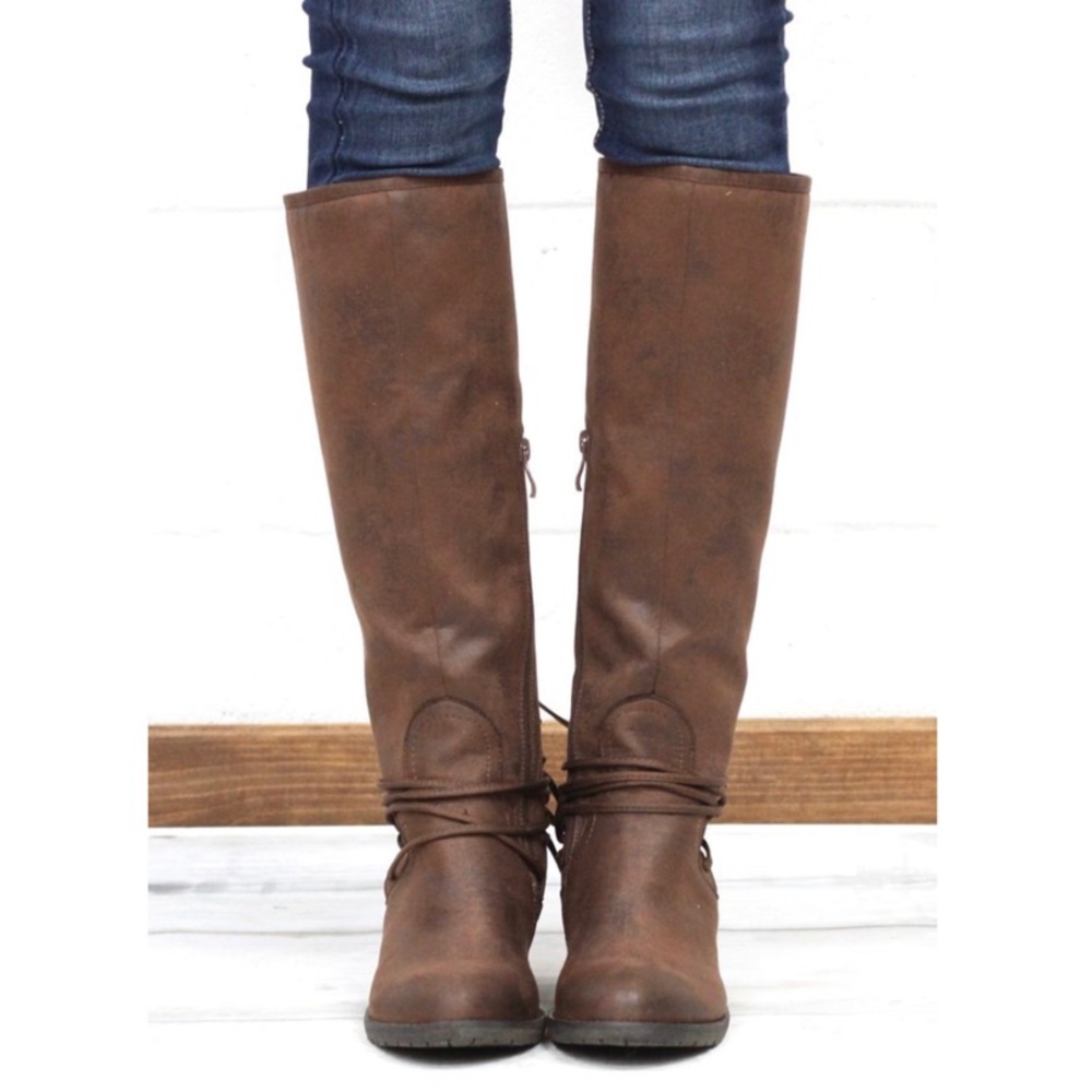 Brown/Red Plaid Corset Lace Up Knee High Boots - Picture 7 of 8